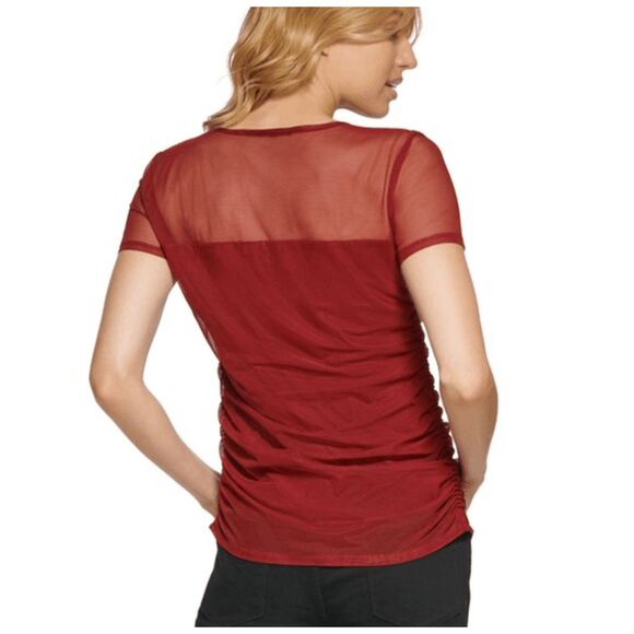 DKNY NWT Mesh Short Sleeve Red Shirt Blouse, Size Medium, MSRP $69 - Picture 2 of 12